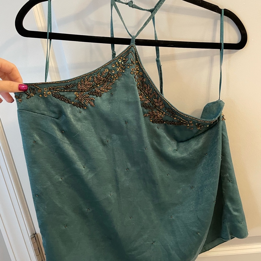 NWT Free People M silk beaded dark turquoise blue and copper choker tank top